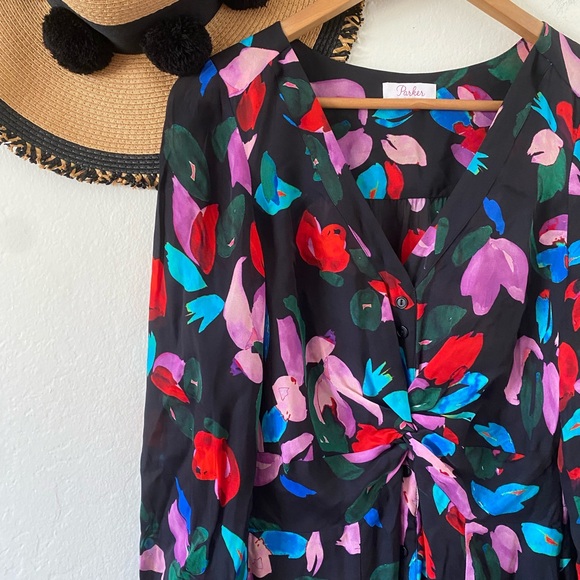 ✨ Parker Cora Silk Blend Multicolor Floral Print Long Sleeve Midi Dress ✨ - Picture 10 of 16